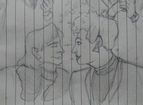 pencil drawing of Ace and Mellie from the Red Dwarf episode Dimension Jump. they are seen from the shoulders up, in profile, Ace leaning in and making eye contact with Mellie. Ace is wearing his flight jacket and turtleneck. Mellie has triangular earrings and curly blonde hair pinned up, wearing a turtleneck and blazer. she has little hearts around her and they’re both smiling.