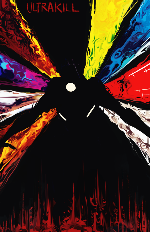 digital painting of v1 from ultrakill. it is drawn as a silhouette, with only its eye and chest lights drawn as pure white, and its arms outstretched at its sides. its body would be completely invisible against the black background if not for its wings, which stretch drastically outwards as beams of light through the page. every wing is reminiscent of a different layer of hell, from prelude to violence, drawn with swirled messes of colors that only vaguely show their contents. the wings also allow v1's entire upper half to be shown by the negative space, though its bottom half is completely unreadable. the bottom of the drawing has a red, swirling mass, that v1 is supposedly standing on. there is handwritten text at the top that reads, "ULTRAKILL."