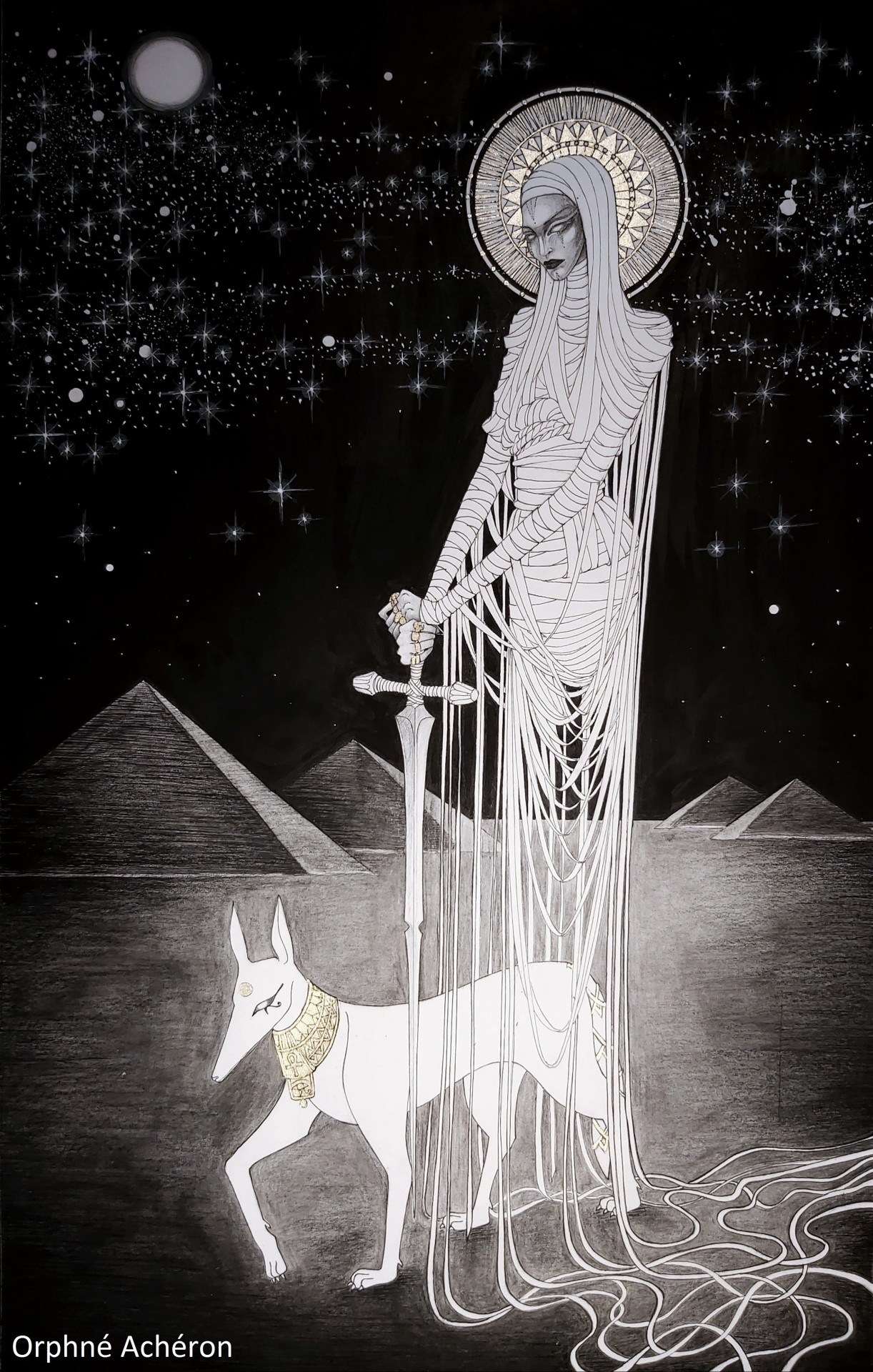 WANDERING SOULS.XXV.XI.MMXIX. by Orphné Achéron.
pencil, ink and gold on paper.