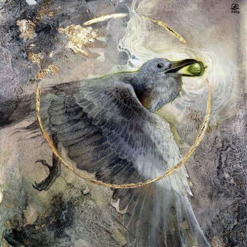 shadowscapes-stephlaw:“Token”#raven #bird #acorn #watercolor #painting #goldleaf