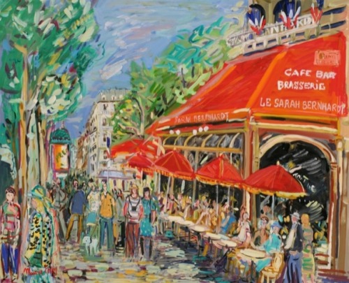 Café-Terrace on the boulevards, Paris   -   Maurice EmpiFrench, b.1932-Gouache