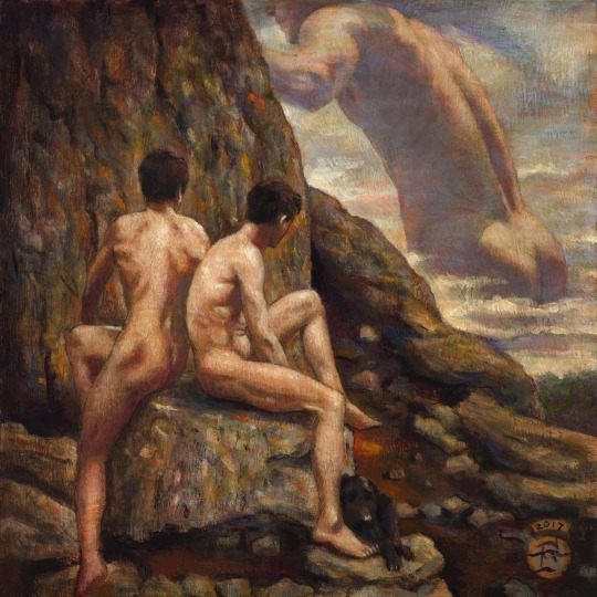 splendidgeryon:  Philip Gladstone: “The Passing”, 2017; Acrylic on panel, 10 by 10 inches square (Sold, private collection)  “The Passing” is an amalgam of Willhelm von Gloeden’s circa 1890 photograph of nudes in a rocky landscape and Horace