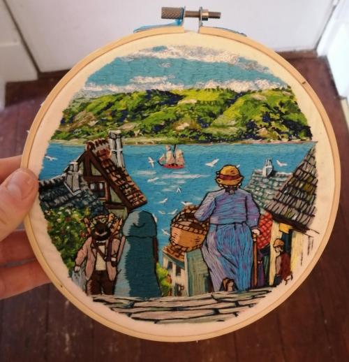 embroiderycrafts:My second embroidery piece - a scene from ‘Howls Moving Castle’. by eve