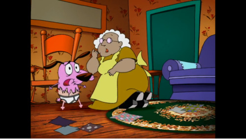 In the episode of Courage the Cowardly Dog “The Quilt Club,” Muriel gets sucked into a possessed Quilt. To save her, Courage starts sewing in memories to snap her out of it. One of these memories is his fur. Lucky for him he’s got Tighty Whities
