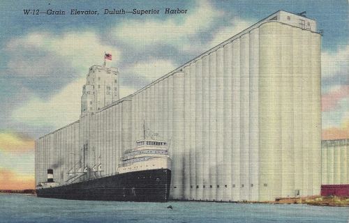 Postcard: “W-12 - Grain Elevator, Duluth-Superior Harbor.” Undated but probably 1950s.“This grain el