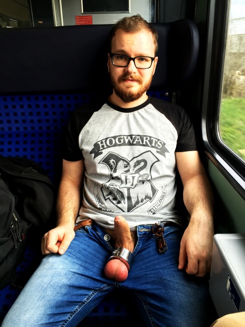 undiesnow:  dan-dewitt:  Getting naked in the train!(featuring my favourite t-shirt and a ballstretcher)  Rock Hard Dicks