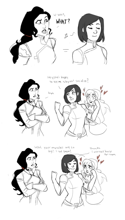 yakfrost:Not everyone knows it, but Asami Sato’s part-time job is feeling up Korra’s defined biceps. And yeah, Korra, intended for Asami to get jealous.anyways, i finally finished this korrasami comic commissioned to me, though i don’t like it 100%