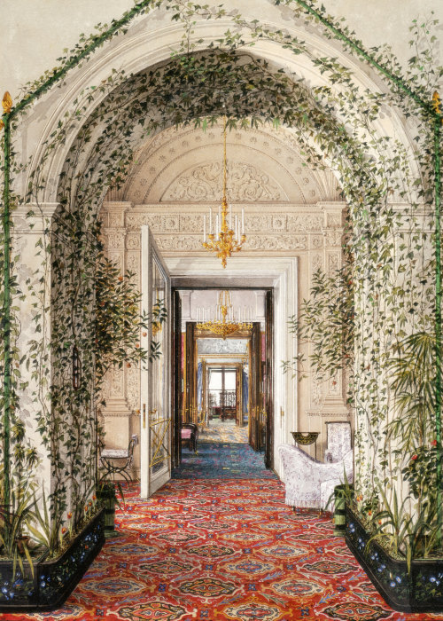 ohsoromanov:   The Winter Palace  ↳ The Small Winter Garden in the Apartments of Alexandra Feodorovna  (painting by Konstantin Ukhtomsky).  