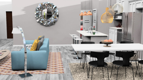 Interior rendering of living room/kitchen/dining room for Eagleridge Homes using Rhino 3D + Flamingo