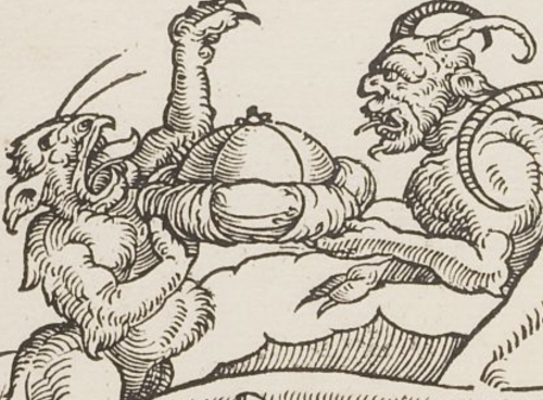 Matthias Gerung - Two devils are crowned as a Sultan and as a Pope (c. 1520). Details.