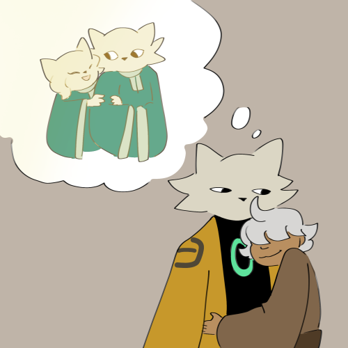 Fan art for Nine Sols. Shuanshuan is hugging Yi. Yi quietly remembers when he was a kid and Heng clung to him.