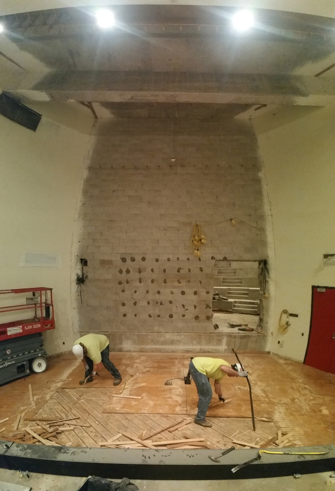 Removal of the floor in one of the large lecture halls, in Knox College’s Umbeck Science Mathematics Center renovation.