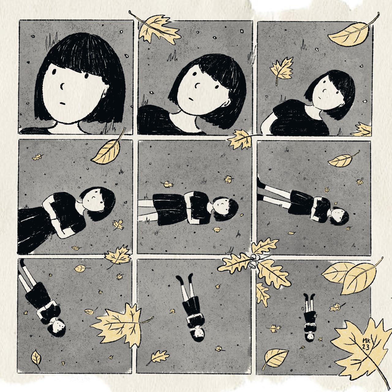 a nine panel comic showing a girl in a black dress lying on the ground, in each panel she gets further and further away as leaves begin to fall around her