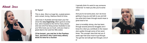 lastskiss:Hi Taylor! PLS meet Jess - @monica-gellerJess will be going all over Australia to see the 