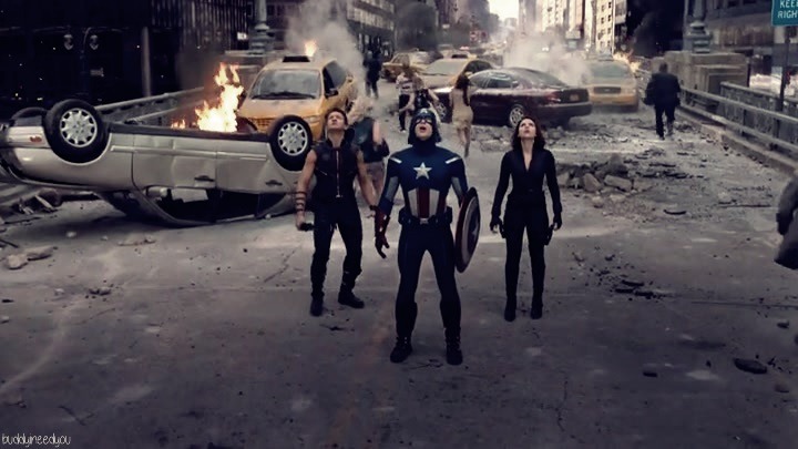 Clint Barton aka Hawkeye, Steve Rogers aka Captain America and Natasha Romanoff aka Black Widow in Avengers