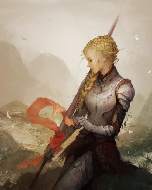 arabeske-art:The Knight wears the colors of his beloved Lady for good luck.A beautiful blonde lady k