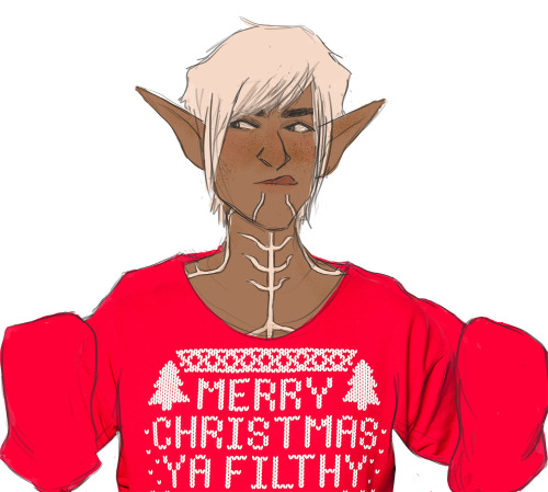 vonniu:consider this: fenris wearing all of hawke’s massive oversized ugly christmas sweaters