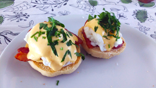 “Eggs Benedict - English muffin, bacon, poached egg, hollandaise sauce and parsley” on /