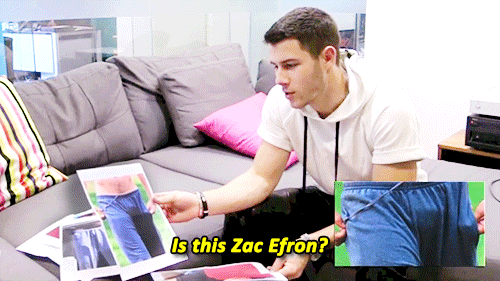 happyhourprofessional:  famousmeat:  Nick Jonas plays Guess The Celebrity Bulge for Sugarscape  He’s spiraling deep into gay and I’m obsessed. 