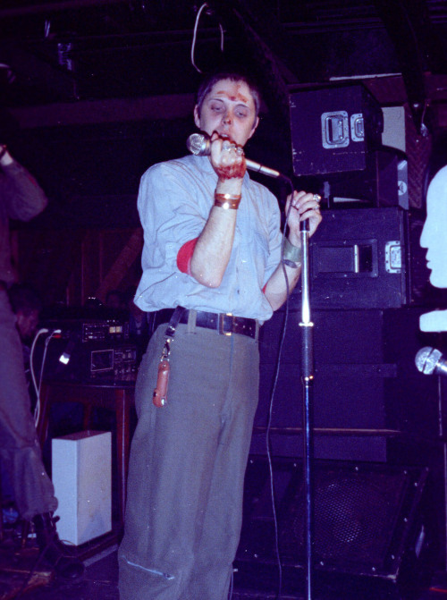 post-punker:Genesis P-Orridge of Throbbing Gristle, live at the Rafters Club, Manchester, December 4