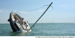 darthheretic:  lickypickystickyme:  A French artist says coastguards are constantly trying to ‘save’ him whenever he takes his boat out.Julien Berthier has created ‘Love Love’ a boat which permanently looks like it is sinking and sticking out