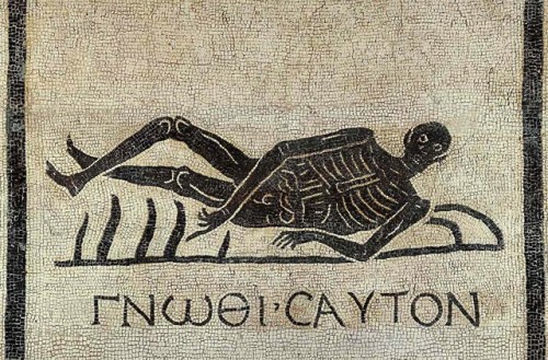 lionofchaeronea:Ancient Roman mosaic, depicting a skeleton (perhaps a memento mori) above the Greek 