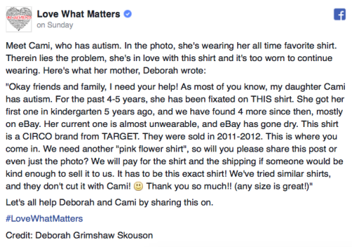 serenefreakgeek: faithinhumanityr:  micdotcom:  Mom needed a specific shirt for her autistic daughter — and the internet delivered 10-year-old Cami Skouson has had a favorite shirt for five years. But as her mom Deborah wrote on Facebook, they’ve