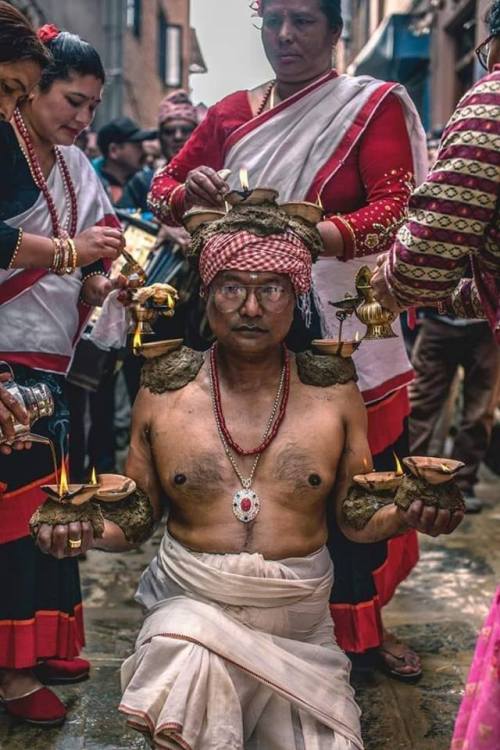 Festival of Dashain, devotees offering lamps to Devi, Nepal