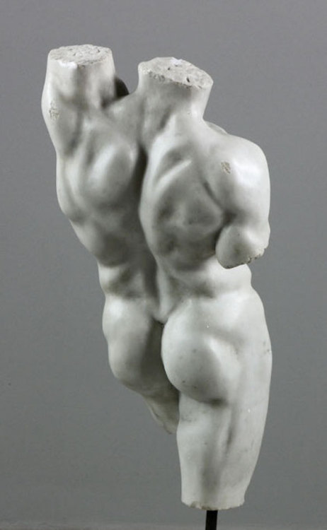 aucelo:  19th century Italian classical sculpture of a male torso, marble, unsigned, on marble stand, 23 ¼´´ h (sculpture). From a Rome estate. Kaminski Auctions, Oct. 2016