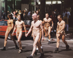 tripnight: Photographer Henning von Berg. Group of nude men on Berlin’s main shopping boulevard Tauentzien. 1999