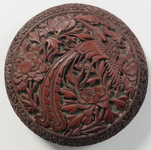 Lacquered Box, Chinese, 20th century.Cover finely carved group of elders in a pagoda in a mountainou