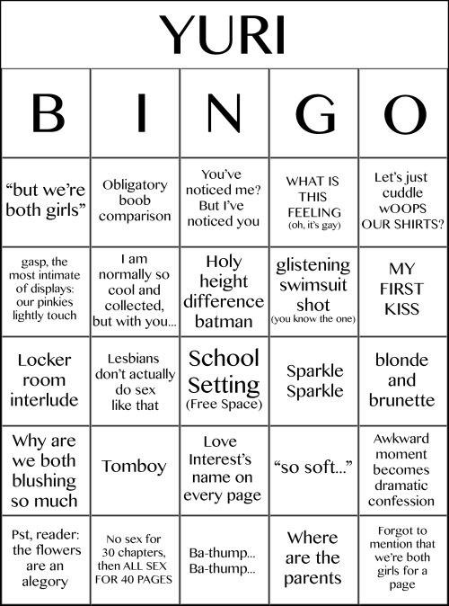 dualpaperbags: Now you too can play along with Yuri Bingo at home Oh lord, so much teeeerribly-writt