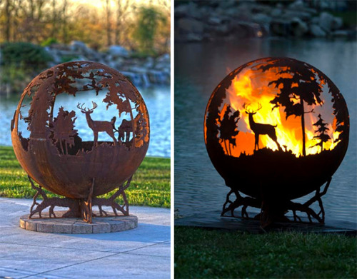 asylum-art:  iBeautiful Metal Firepits Of Art by The Firepit Company  The Wilderness Ball This Firepit features a wilderness scene. Including Stag, Doe and Fawn, Wolf, Moose, Swan and a flock of Geese flying accross the skyline.