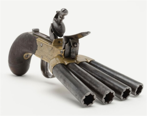 Original English four barrel duckfoot flintlock volley pistol, 18th century.