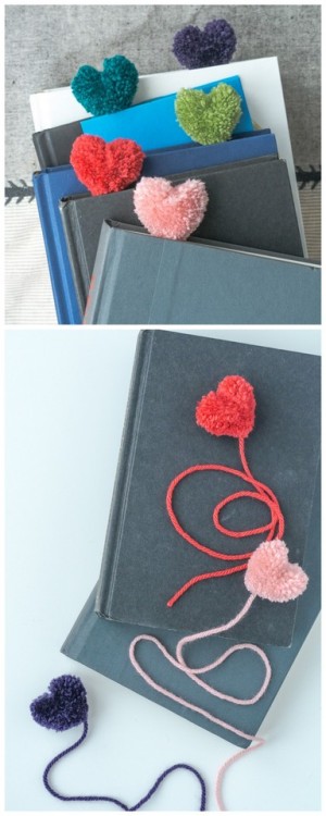 DIY Heart PompomI like Pom Pom DIYs because all you need is scrap yarn, cardboard or a fork, and sci