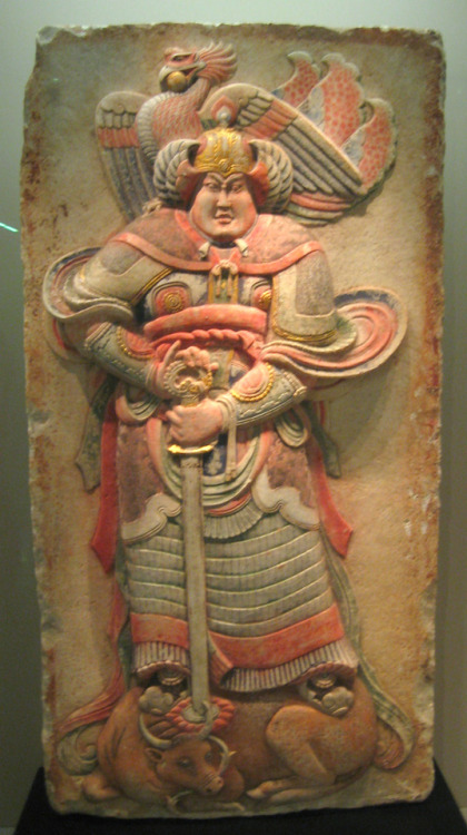 Painted stone relief of a warrior from the tomb of Wang Chuzhi (863-923 CE), a senior military gover