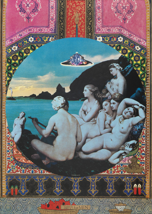 design-is-fine:  Tadanori Yokoo, poster design for Takeda Cosmetics for Men, 1974. Takeda Chemical Industry, Japan. Central image taken from the painting The Turkish bath by Ingres. Via Cooper Hewitt 
