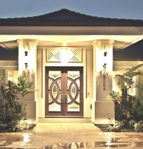 Front Door MudroomExample Of A Medium-sized Island-style Entryway With A Concrete Floor, Beige Walls,