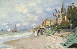 artist-monet: The Boardwalk on the Beach at Trouville, 1870, Claude Monet