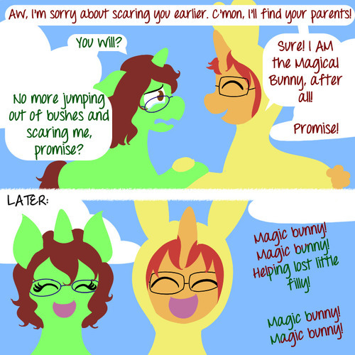 ask-maplepony:  Before she knew him as Professor Maple Hooves, he was the Magical Bunny. Before he knew her as Maple Treehugger, she was the lost little filly. ((Aw yes, finally got around to putting this story out. Credit to Broden for helping with this