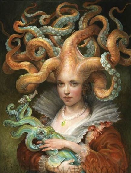 blondebrainpower:“Contessa with Squid” is a beautiful oil painting by West Tisbury, Massachusetts-based artist Omar Rayyan of a “17th-century Octopus Contessa dressed in her finest court attire, with her beloved squid.” 2011
