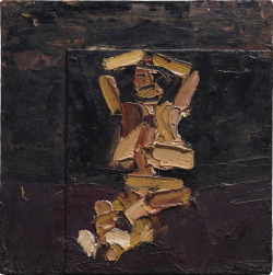 lawrenceleemagnuson:Frank Auerbach (UK b. 1931)Seated Figure with Arms Raised (1973)oil on board 41.2 x 41.2 cm