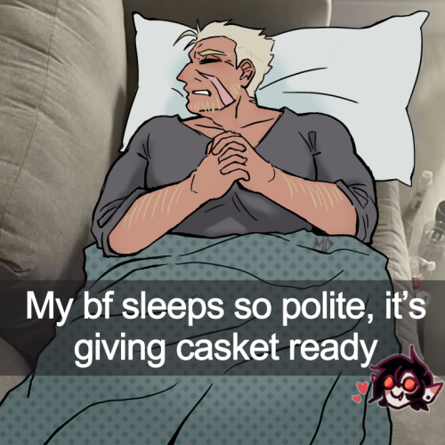 Alexander laying on a couch with his hands clasped together, the text says "My bf sleeps so polite, it's giving casket ready" and is being said by Alucard.