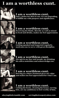 hiscunt:  sexymisogyny:   A good mantra for cunts.  This pretty much says it all and is a handy list to have around…just in case the stupid piece of shit forgets its place.  Devotional Training.