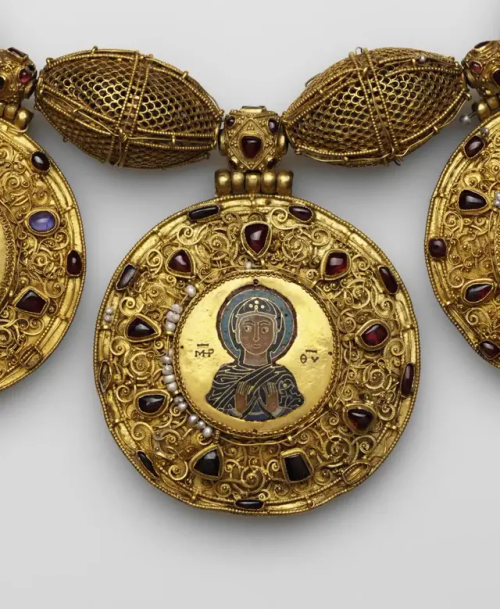 Gold Pendant Necklace With Icons, Decorated With Pearls And Precious Stones. Byzantine, 11th - 12th Century