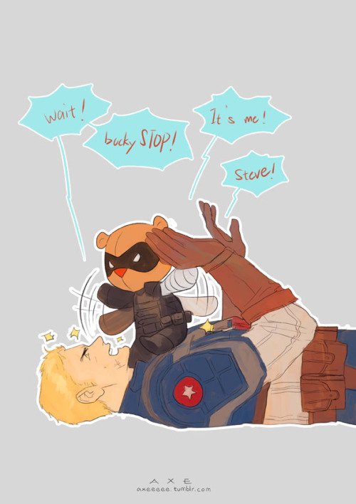 sweeter-than:fanart by axeeeee: Steve Rogers in uniform, on his back, saying “wait! Bucky stop! It’s