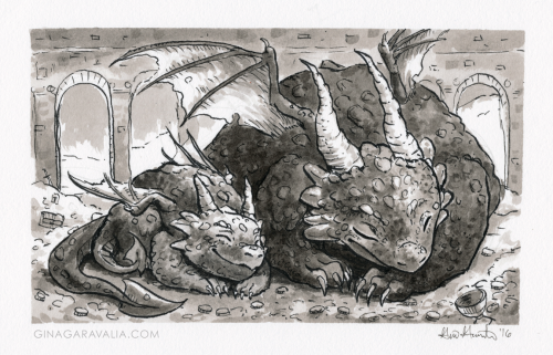 storywood:Inktober Day 2!Momma dragon and her hatchling are taking a snooze. c: