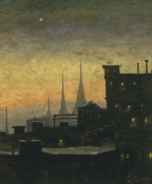 huariqueje: New York Roof Tops   -   Louis Michel Eilshemius 1908.American ,1864-1941   Oil on cardb