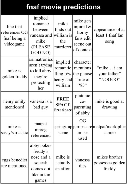 Filme FNaF Bingo Card