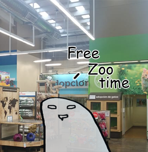 Scuttles into a pet store with no money
